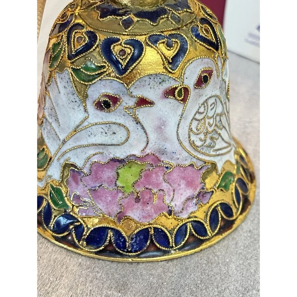 Cloisonne Enamel Bell Floral Dove NYCO Victorian Style Box & Card 3